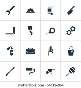 Set Of 16 Editable Apparatus Icons. Includes Symbols Such As Brush, Cogwheel, Band. Can Be Used For Web, Mobile, UI And Infographic Design.