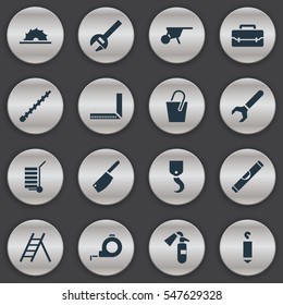 Set Of 16 Editable Apparatus Icons. Includes Symbols Such As Handle , Sawblade, Handcart. Can Be Used For Web, Mobile, UI And Infographic Design.