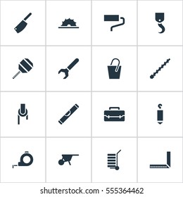 Set Of 16 Editable Apparatus Icons. Includes Symbols Such As Toolbox, Sheave, Elevation And More. Can Be Used For Web, Mobile, UI And Infographic Design.