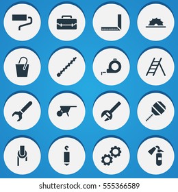 Set Of 16 Editable Apparatus Icons. Includes Symbols Such As Elevation, Band, Toolbox. Can Be Used For Web, Mobile, UI And Infographic Design.