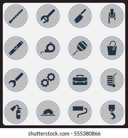 Set Of 16 Editable Apparatus Icons. Includes Symbols Such As Sheave, Key, Excavate And More. Can Be Used For Web, Mobile, UI And Infographic Design.