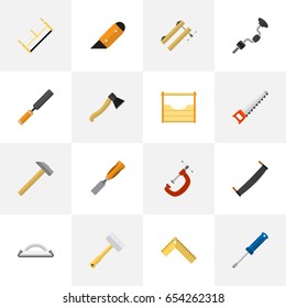 Set Of 16 Editable Apparatus Icons. Includes Symbols Such As Handsaw, Meter , Bit. Can Be Used For Web, Mobile, UI And Infographic Design.
