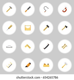 Set Of 16 Editable Apparatus Icons. Includes Symbols Such As Axe, Handsaw, Saw. Can Be Used For Web, Mobile, UI And Infographic Design.