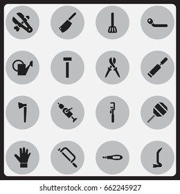 Set Of 16 Editable Apparatus Icons. Includes Symbols Such As Circle Spanner, Putty Knife, Gauntlet And More. Can Be Used For Web, Mobile, UI And Infographic Design.