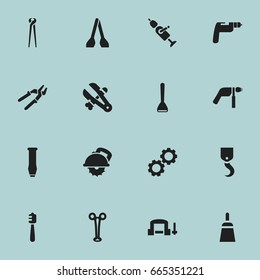 Set Of 16 Editable Apparatus Icons. Includes Symbols Such As Cutter Machine, Drill, Screwdriver And More. Can Be Used For Web, Mobile, UI And Infographic Design.
