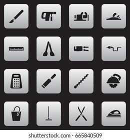 Set Of 16 Editable Apparatus Icons. Includes Symbols Such As Handle , Screwdriver, Rake. Can Be Used For Web, Mobile, UI And Infographic Design.