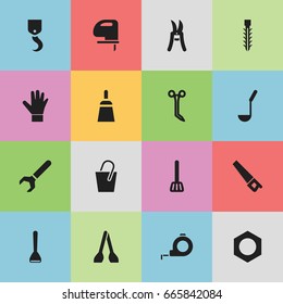 Set Of 16 Editable Apparatus Icons. Includes Symbols Such As Gauntlet, Screw Wrench, Pruning Shears And More. Can Be Used For Web, Mobile, UI And Infographic Design.