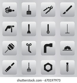 Set Of 16 Editable Apparatus Icons. Includes Symbols Such As Mincing Machine, Press Instrument, Potato Peeler And More. Can Be Used For Web, Mobile, UI And Infographic Design.