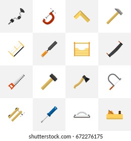 Set Of 16 Editable Apparatus Icons. Includes Symbols Such As Clinch, Jointer, Clamp And More. Can Be Used For Web, Mobile, UI And Infographic Design.