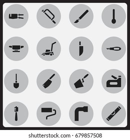 Set Of 16 Editable Apparatus Icons. Includes Symbols Such As Cleaver, Grass Cutting Machine, Trowel And More. Can Be Used For Web, Mobile, UI And Infographic Design.