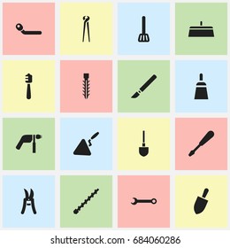 Set Of 16 Editable Apparatus Icons. Includes Symbols Such As Circle Spanner, Turn-Screw, Drill And More. Can Be Used For Web, Mobile, UI And Infographic Design.