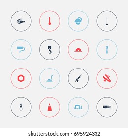 Set Of 16 Editable Apparatus Icons. Includes Symbols Such As Sawblade, Grass Cutting Machine, Cutter Machine And More. Can Be Used For Web, Mobile, UI And Infographic Design.