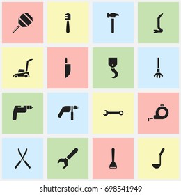Set Of 16 Editable Apparatus Icons. Includes Symbols Such As Drill, Scoop, Crane And More. Can Be Used For Web, Mobile, UI And Infographic Design.