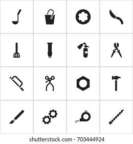 Set Of 16 Editable Apparatus Icons. Includes Symbols Such As Handsaw, Sprinkler, Pliers. Can Be Used For Web, Mobile, UI And Infographic Design.
