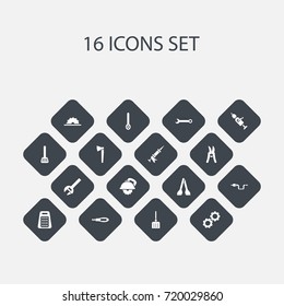 Set Of 16 Editable Apparatus Icons. Includes Symbols Such As Screwdriver, Kitchen Spatula, Sealant And More. Can Be Used For Web, Mobile, UI And Infographic Design.