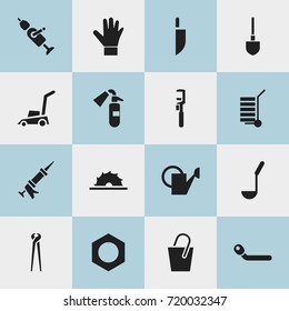 Set Of 16 Editable Apparatus Icons. Includes Symbols Such As Gauntlet, Spanner, Circle Spanner And More. Can Be Used For Web, Mobile, UI And Infographic Design.