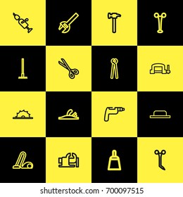 Set Of 16 Editable Apparatus Outline Icons. Includes Symbols Such As Clamp, Handle Hit, Circle Blade. Can Be Used For Web, Mobile, UI And Infographic Design.