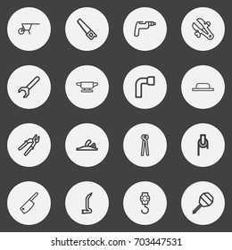 Set Of 16 Editable Apparatus Outline Icons. Includes Symbols Such As Winch, Butcher Knife, Wheel Wrench And More. Can Be Used For Web, Mobile, UI And Infographic Design.