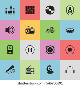 Set Of 16 Editable Audio Icons. Includes Symbols Such As Speaker, Bar Wave, Media Fm And More. Can Be Used For Web, Mobile, UI And Infographic Design.