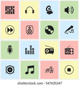 Set Of 16 Editable Audio Icons. Includes Symbols Such As Media Fm, Musical Sign, Break Music And More. Can Be Used For Web, Mobile, UI And Infographic Design.