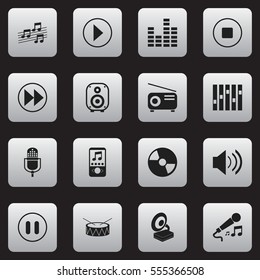 Set Of 16 Editable Audio Icons. Includes Symbols Such As Karaoke, Microphone, Bar Wave And More. Can Be Used For Web, Mobile, UI And Infographic Design.