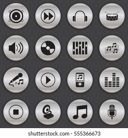 Set Of 16 Editable Audio Icons. Includes Symbols Such As Music Phone, Disc, Sound And More. Can Be Used For Web, Mobile, UI And Infographic Design.