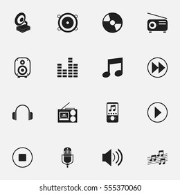 Set Of 16 Editable Audio Icons. Includes Symbols Such As Start Audio, Music Phone, Bar Wave And More. Can Be Used For Web, Mobile, UI And Infographic Design.