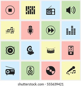 Set Of 16 Editable Audio Icons. Includes Symbols Such As Sound, Snare, Musical Sign And More. Can Be Used For Web, Mobile, UI And Infographic Design.