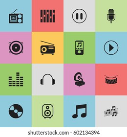 Set Of 16 Editable Audio Icons. Includes Symbols Such As Equalizer, Bar Wave, Musical Sign And More. Can Be Used For Web, Mobile, UI And Infographic Design.