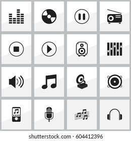 Set Of 16 Editable Audio Icons. Includes Symbols Such As Sound, Bass Speakers, Music Phone And More. Can Be Used For Web, Mobile, UI And Infographic Design.