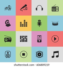 Set Of 16 Editable Audio Icons. Includes Symbols Such As Snare, Phonograph, Media Fm And More. Can Be Used For Web, Mobile, UI And Infographic Design.