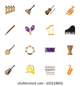Set Of 16 Editable Audio Icons. Includes Symbols Such As Zither, Strings, Flute And More. Can Be Used For Web, Mobile, UI And Infographic Design.