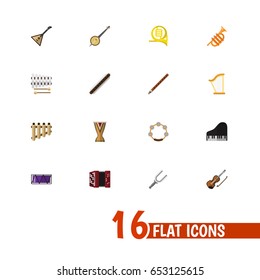 Set Of 16 Editable Audio Icons. Includes Symbols Such As Harmonica, Instrument, Piano And More. Can Be Used For Web, Mobile, UI And Infographic Design.