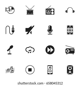 Set Of 16 Editable Audio Icons. Includes Symbols Such As Ahead, Earflaps, Sound Amplifier And More. Can Be Used For Web, Mobile, UI And Infographic Design.
