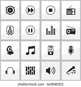 Set Of 16 Editable Audio Icons. Includes Symbols Such As Equalizer, Phonograph, Bass Speakers And More. Can Be Used For Web, Mobile, UI And Infographic Design.