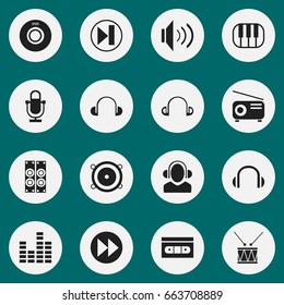 Set Of 16 Editable Audio Icons. Includes Symbols Such As Dj, Bass Speakers, Earpiece And More. Can Be Used For Web, Mobile, UI And Infographic Design.