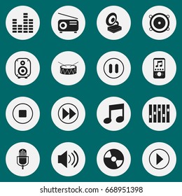 Set Of 16 Editable Audio Icons. Includes Symbols Such As Microphone, Stop, Start Audio And More. Can Be Used For Web, Mobile, UI And Infographic Design.