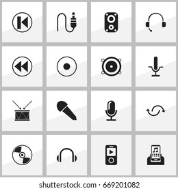 Set Of 16 Editable Audio Icons. Includes Symbols Such As Media Interview, Studio Mic, Mixing And More. Can Be Used For Web, Mobile, UI And Infographic Design.