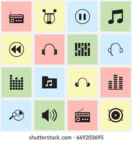 Set Of 16 Editable Audio Icons. Includes Symbols Such As Melody Seeking, Broadcasting, Dossier And More. Can Be Used For Web, Mobile, UI And Infographic Design.