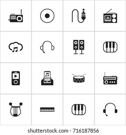 Set Of 16 Editable Audio Icons. Includes Symbols Such As Synthesizer, Pianoforte, Cassette Player And More. Can Be Used For Web, Mobile, UI And Infographic Design.