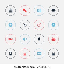 Set Of 16 Editable Audio Icons. Includes Symbols Such As Rec, Play Button, Piano And More. Can Be Used For Web, Mobile, UI And Infographic Design.