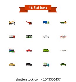 Set of 16 editable automobile icons flat style. Includes symbols such as shipping, bus, train and more. Can be used for web, mobile, UI and infographic design.