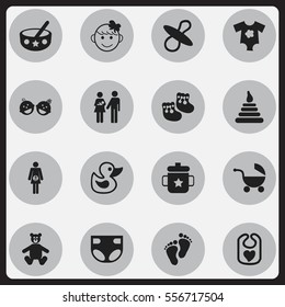 Set Of 16 Editable Baby Icons. Includes Symbols Such As Stroller, Tower, Cheerful Child And More. Can Be Used For Web, Mobile, UI And Infographic Design.
