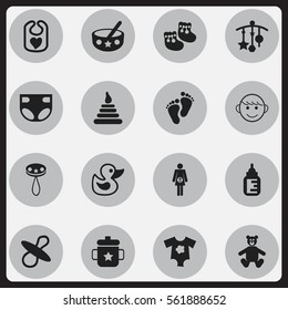 Set Of 16 Editable Baby Icons. Includes Symbols Such As Footmark, Soothers, Tower And More. Can Be Used For Web, Mobile, UI And Infographic Design.