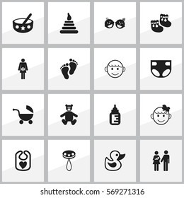 Set Of 16 Editable Baby Icons. Includes Symbols Such As Teddy, Cheerful Child, Nappy And More. Can Be Used For Web, Mobile, UI And Infographic Design.