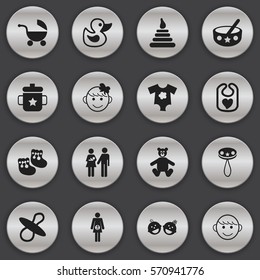 Set Of 16 Editable Baby Icons. Includes Symbols Such As Merry Children, Cheerful Child, Soothers And More. Can Be Used For Web, Mobile, UI And Infographic Design.