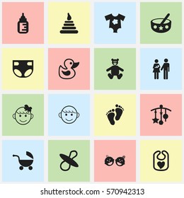 Set Of 16 Editable Baby Icons. Includes Symbols Such As Tower, Lineage, Nursing Bottle And More. Can Be Used For Web, Mobile, UI And Infographic Design.