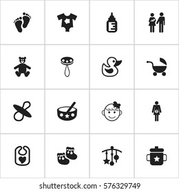 Set Of 16 Editable Baby Icons. Includes Symbols Such As Stroller, Bath Toys, Adorn And More. Can Be Used For Web, Mobile, UI And Infographic Design.
