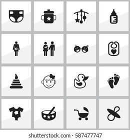 Set Of 16 Editable Baby Icons. Includes Symbols Such As Goplet, Pinafore, Footmark And More. Can Be Used For Web, Mobile, UI And Infographic Design.