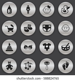 Set Of 16 Editable Baby Icons. Includes Symbols Such As Footmark, Spoon, Shoes For Babies And More. Can Be Used For Web, Mobile, UI And Infographic Design.